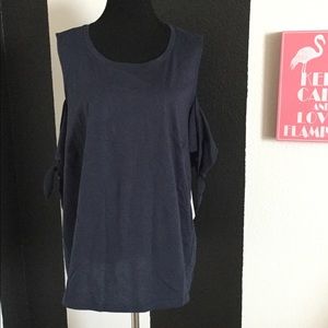 Brand New Navy Cold Shoulder Tie Sleeve Top